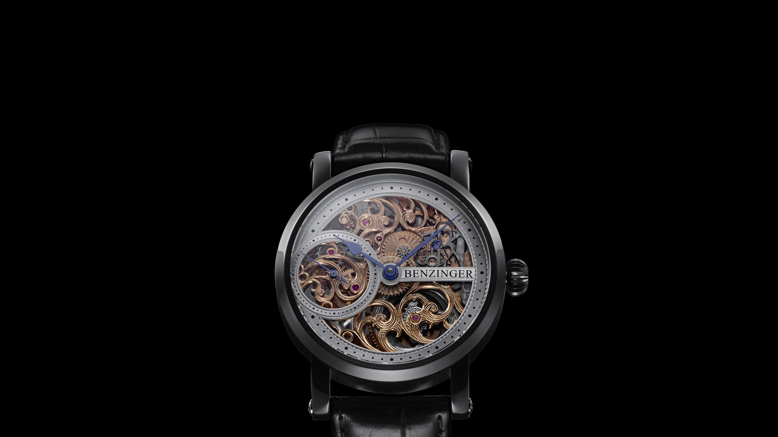 Benzinger Uhr 3/4 Skelett Floral Black
