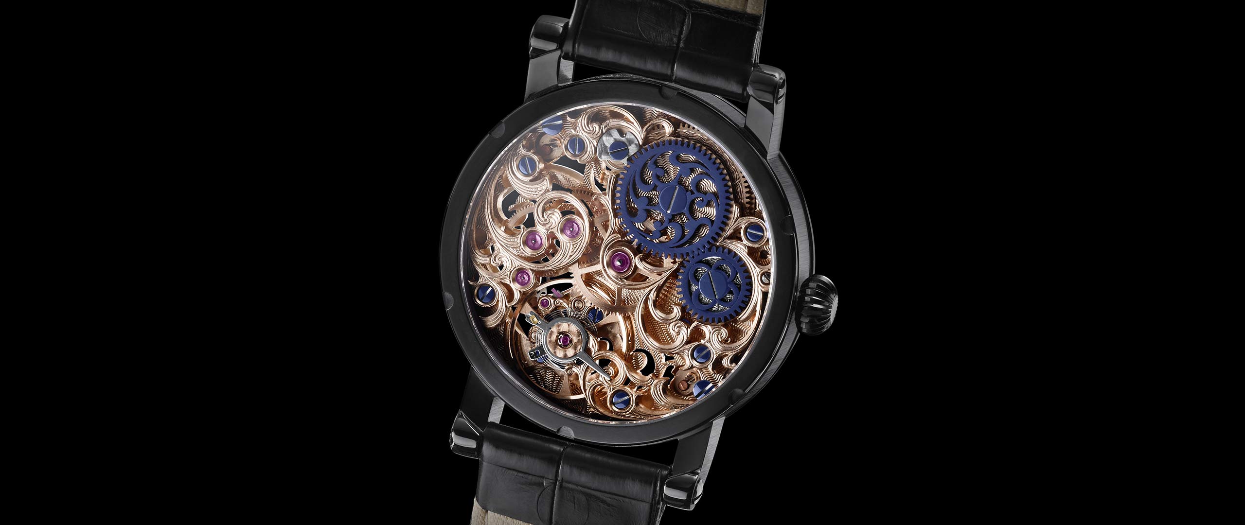 Benzinger Uhr 3/4 Skelett Floral Black Rückseite
