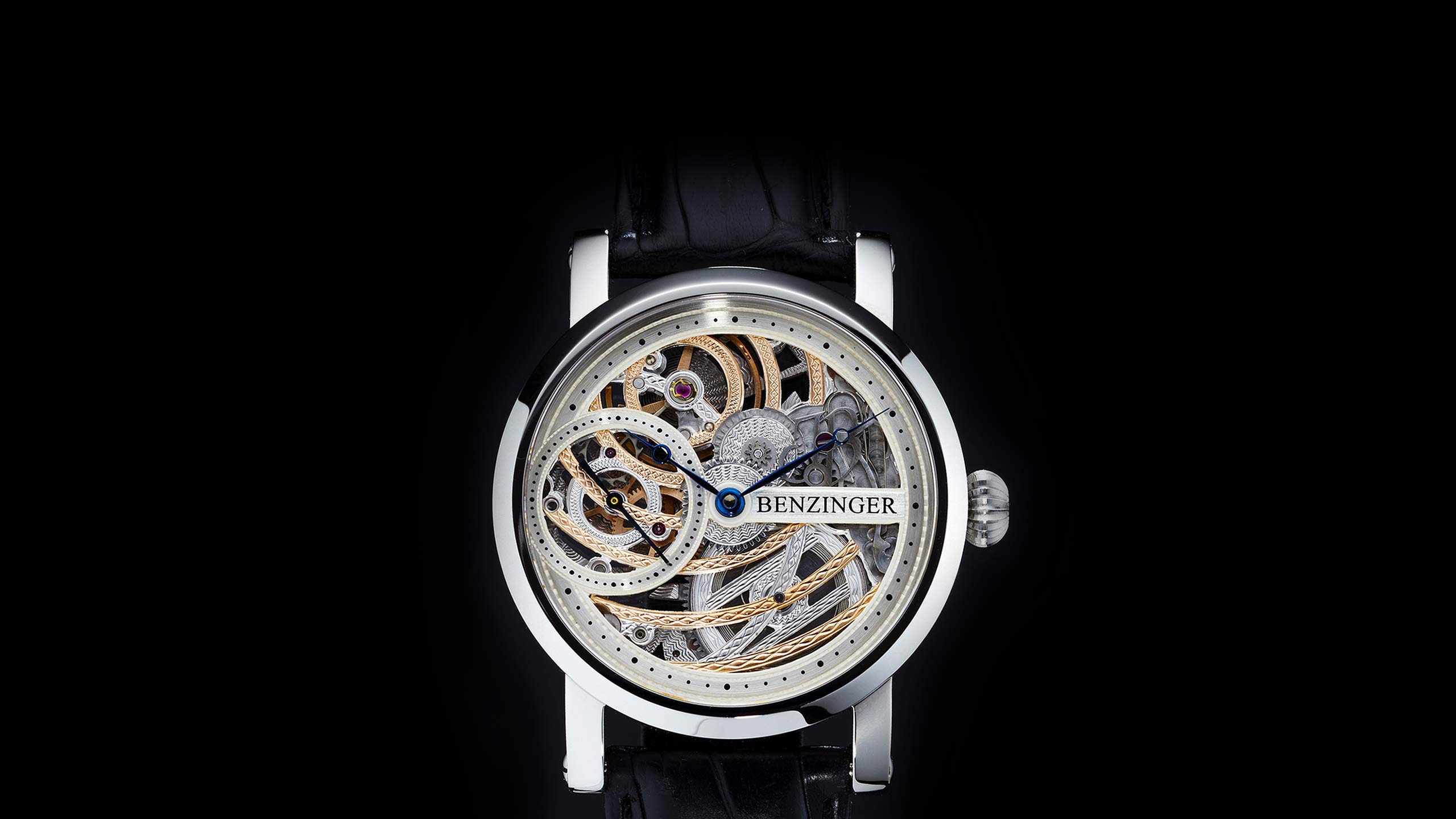 Benzinger Uhr 3/4 Skelett Rose Engine
