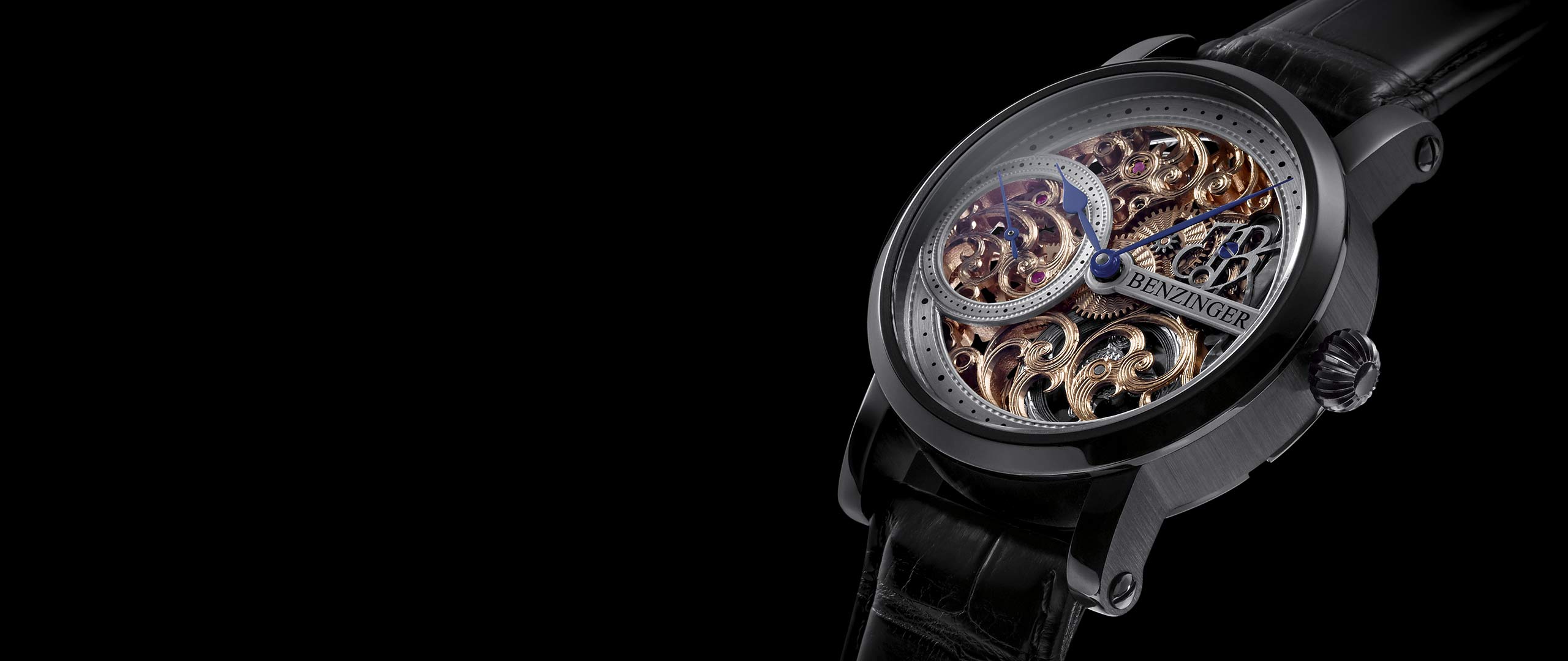 Benzinger Uhr 3/4 Skelett Floral Black Ansicht