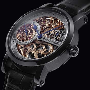 Benzinger Uhr Skelett Floral Black