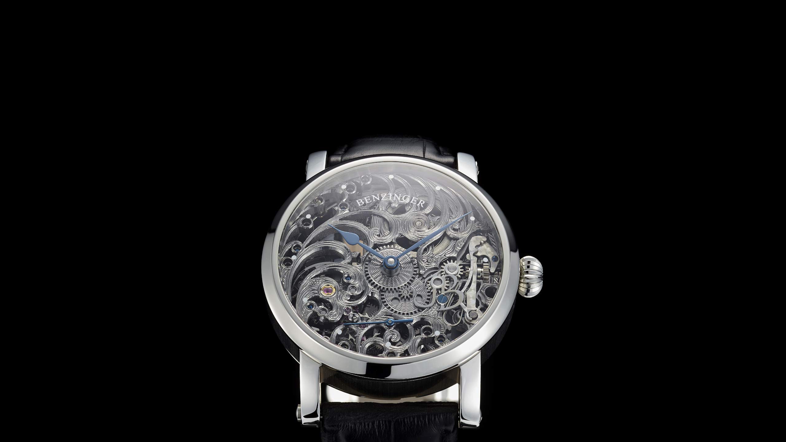 Benzinger Uhr Skelett Rhodium Floral Frontansicht