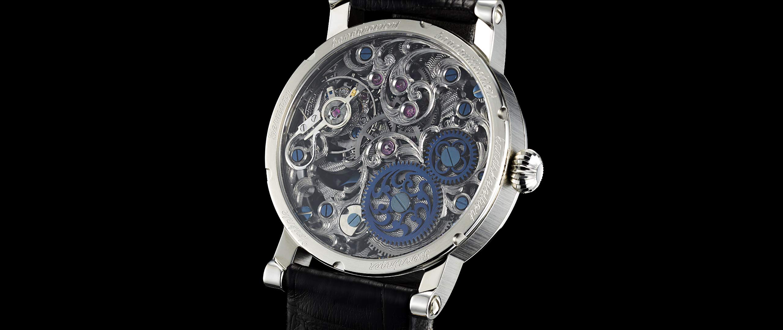 Benzinger Uhr Skelett Rhodium Floral Rückseite
