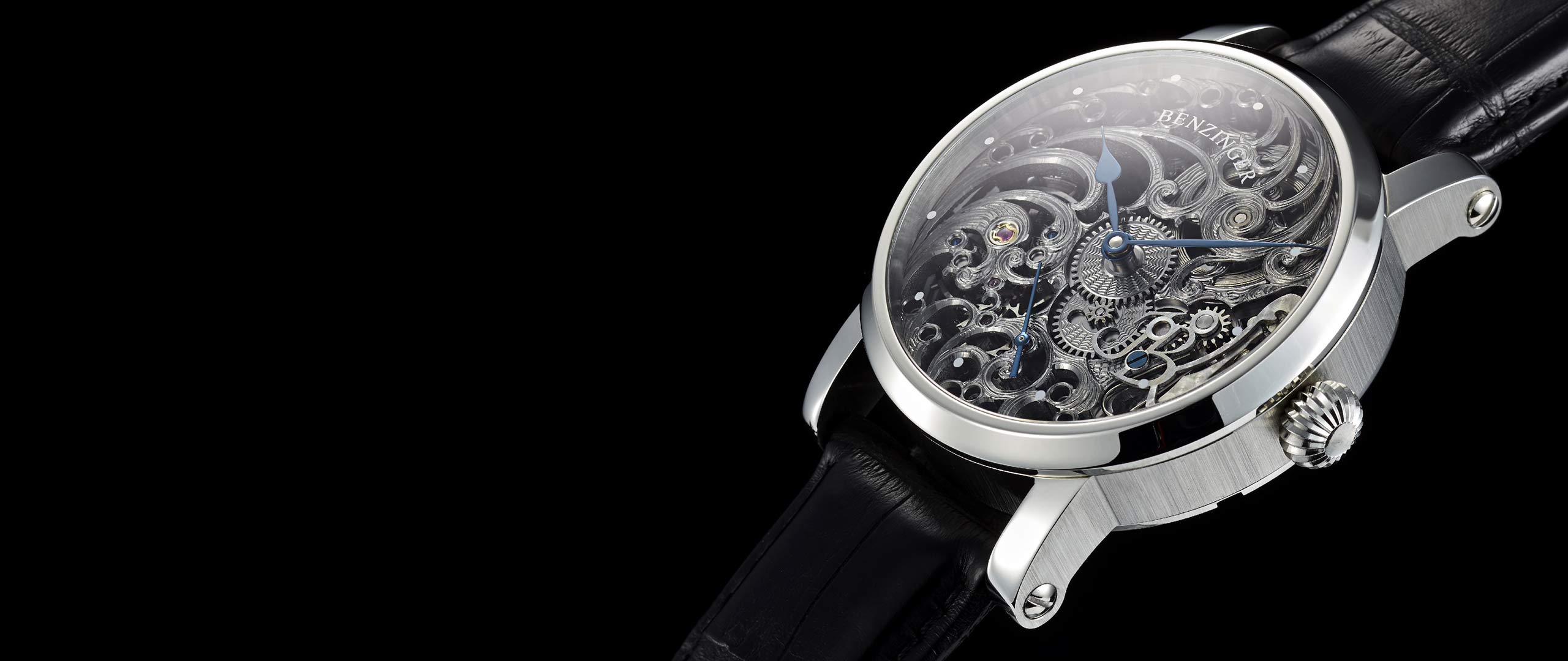 Benzinger Uhr Skelett Rhodium Floral Ansicht