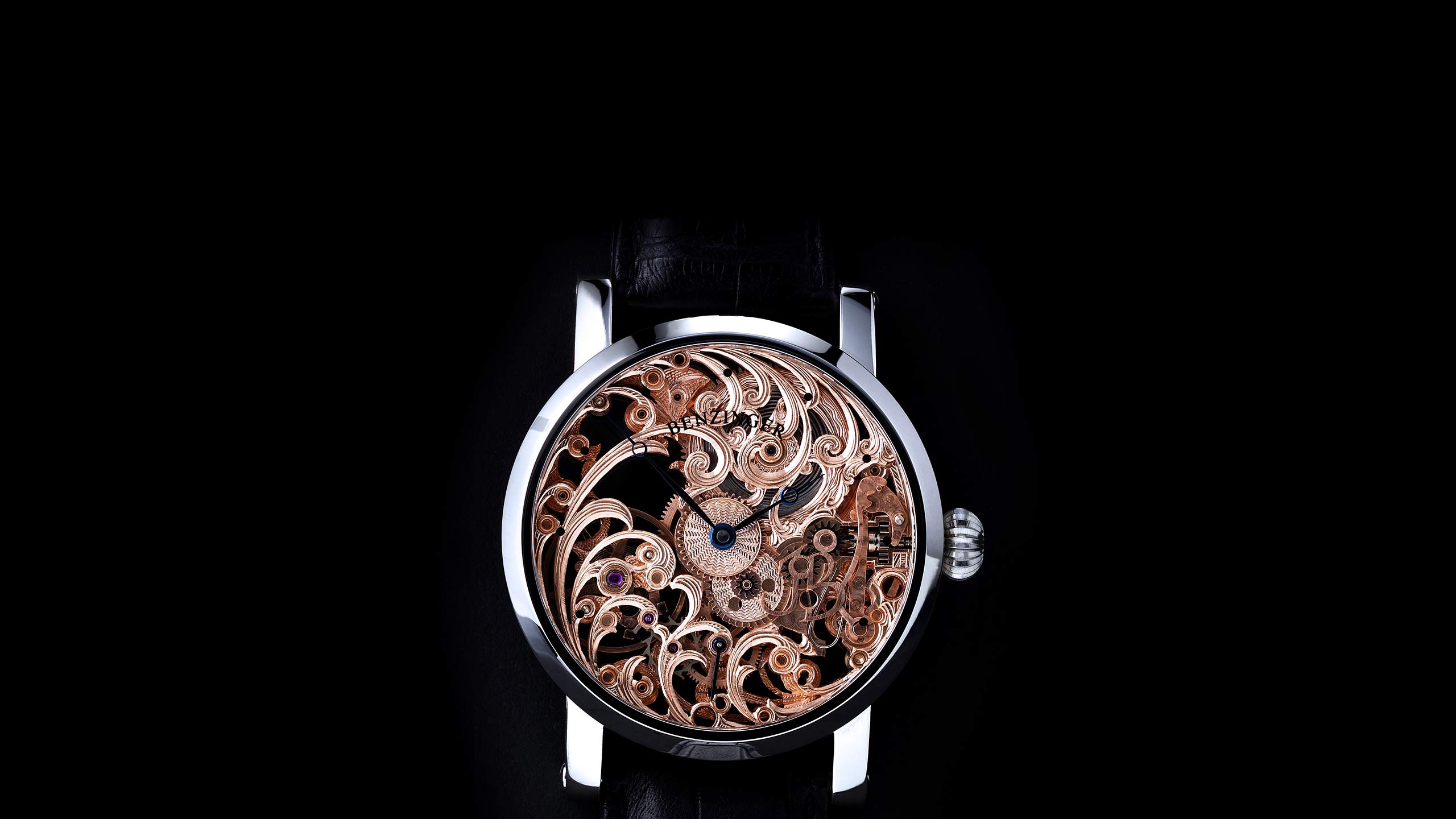 Benzinger Uhr Vollskelett Floral Frontansicht